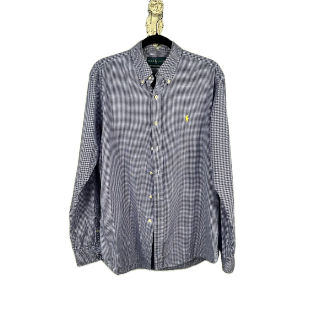 Ralph Lauren Men's Custom Fit Gingham‎ Plaid Button Down Dress Shirt Large Blue